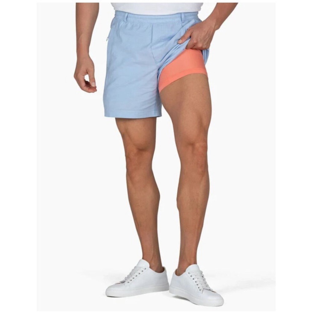 Birddogs Men's Two-Tone Athletic Shorts in Light Blue and Coral